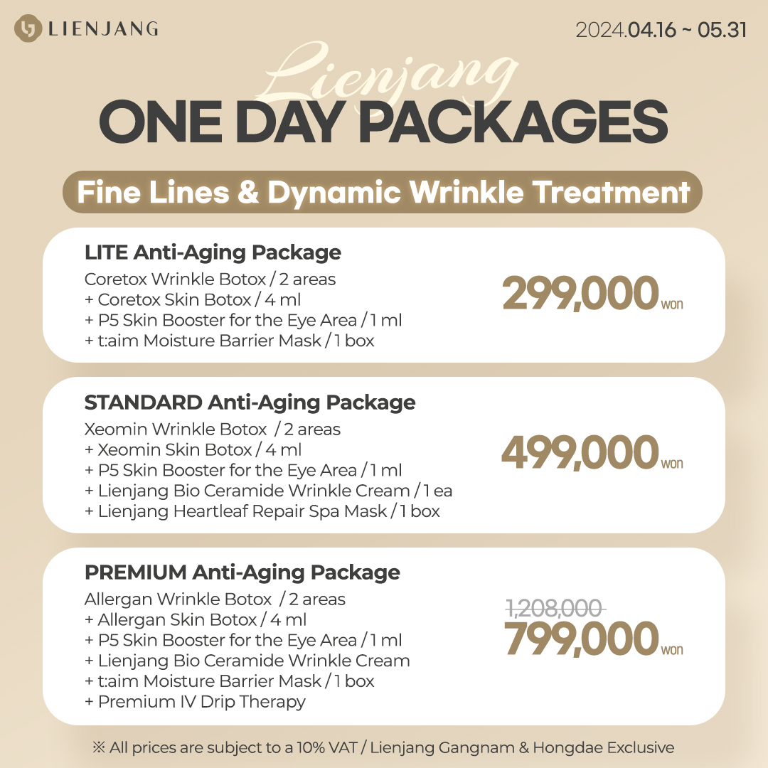 Three one-day packages for fine lines and dynamic wrinkle treatment, offering comprehensive solutions for skin rejuvenation.