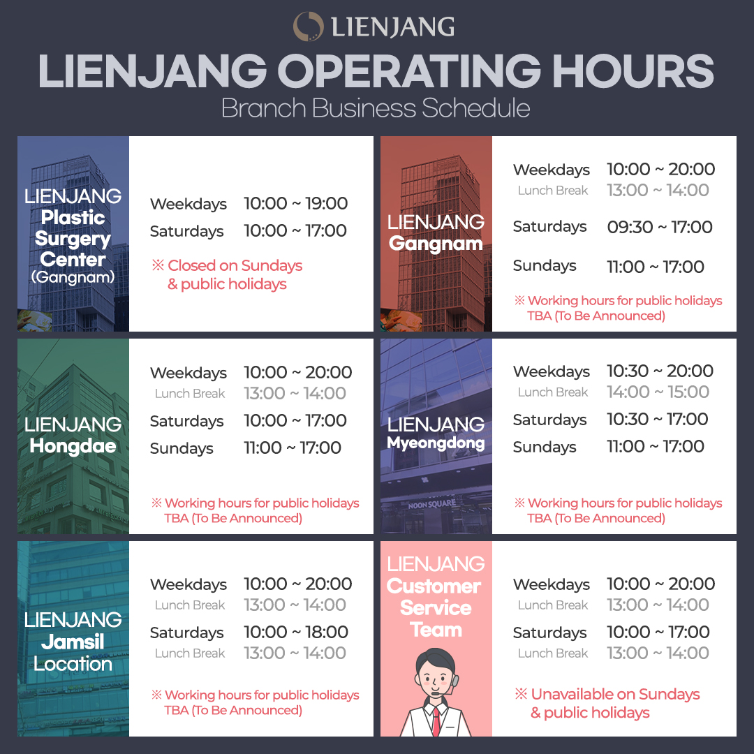 Lienjang Myeongdong Gangnam Hongdae Working hours Table