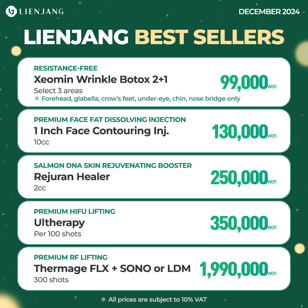 Lienjang's all time best sellers are now on promotion! Try Xeomin botox, face contouring injections, rejuran, and advanced lifting devices such as ultherapy and thermage!