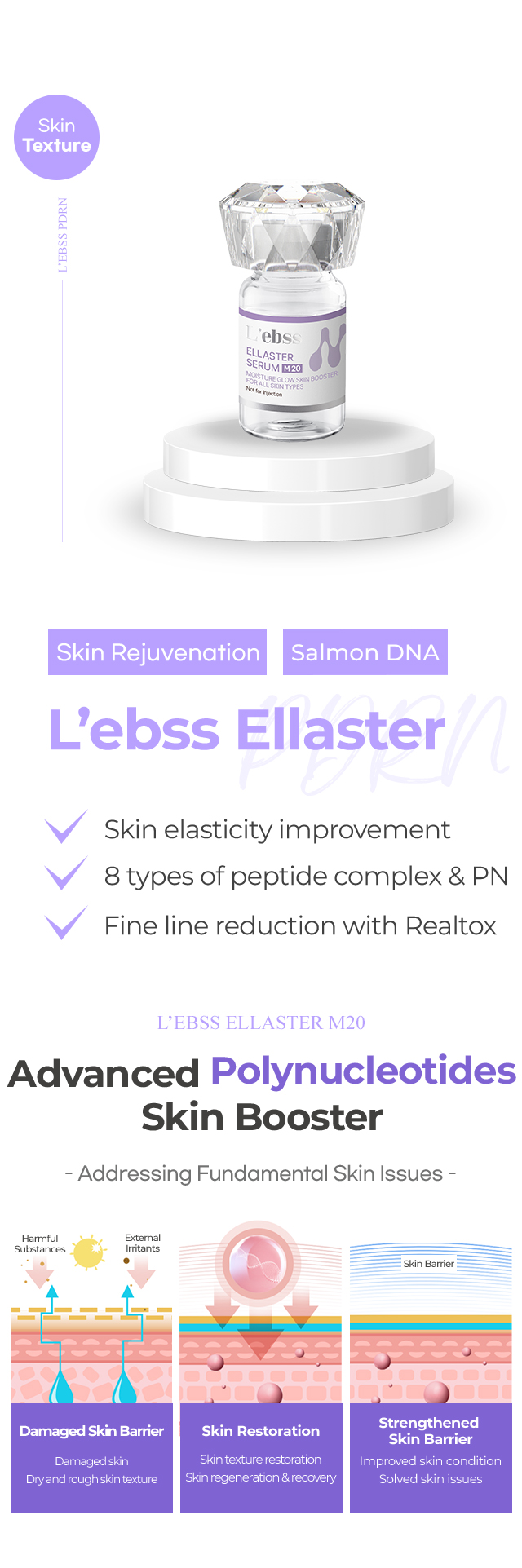 L'ebss Ellaster MTS Microneedling skin booster descriptive page microneedling treatment for skin rejuvenation and skin elasticity improvement in Korea, main ingredient contains salmon DNA , PN