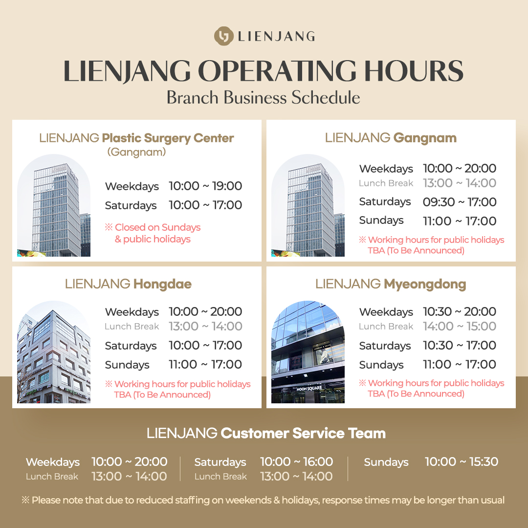 Lienjang Myeongdong Gangnam Hongdae Working hours Table