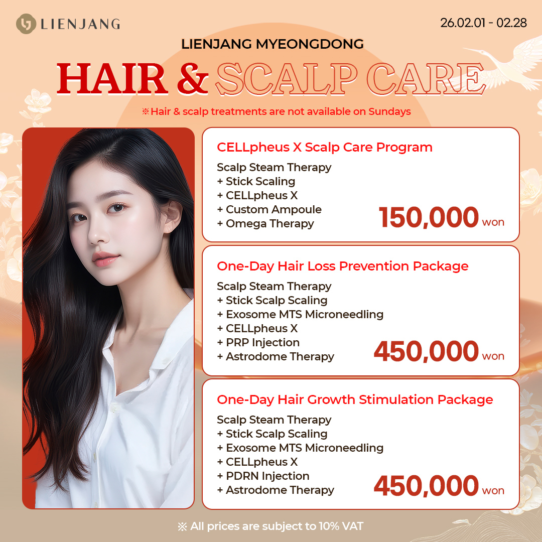 Hair loss and scalp care problems? Lienjang Myeongdong has your back! From scalp scaling to hair growth promotion and PRP, PDRN injections and microneedling, we provide various treatments for hair loss prevention!