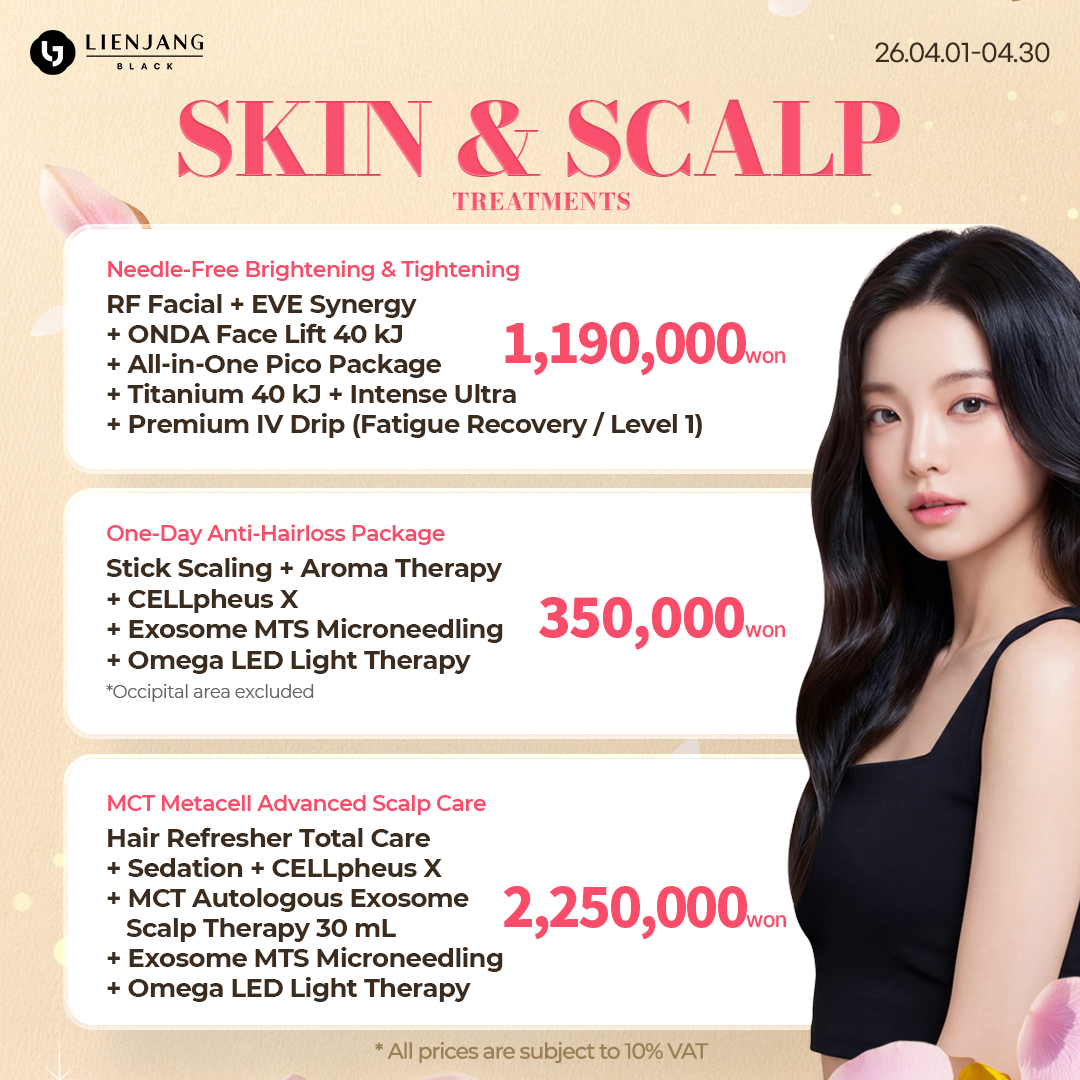 anti-hairloss treatment with MCT metacell scalp therapy and CELLpheus X is now available at Lienjang Black. Strengthen your hair, stimulate hair growth and prevent hair loss - exclusively at Lienjang Gangnam!