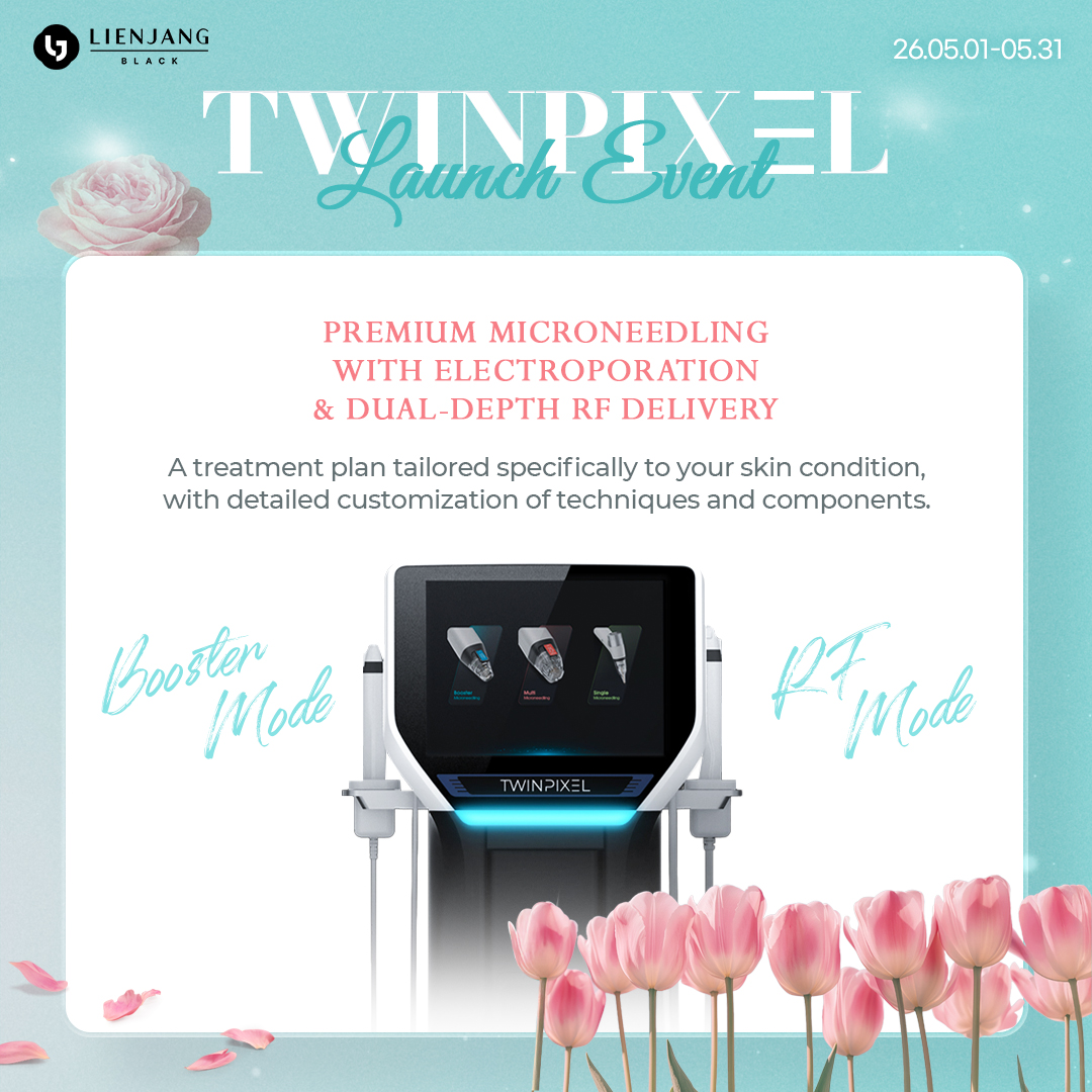 Twinpixel is now available at Lienjang Black. Whether it is Booster mode with electroporation and microneedles or radiofrequency with pumping tips, we've got your skin! Sagging eyelids, neck lines, stretch marks, enlarged pores can all be improved with the help of Twinpixel