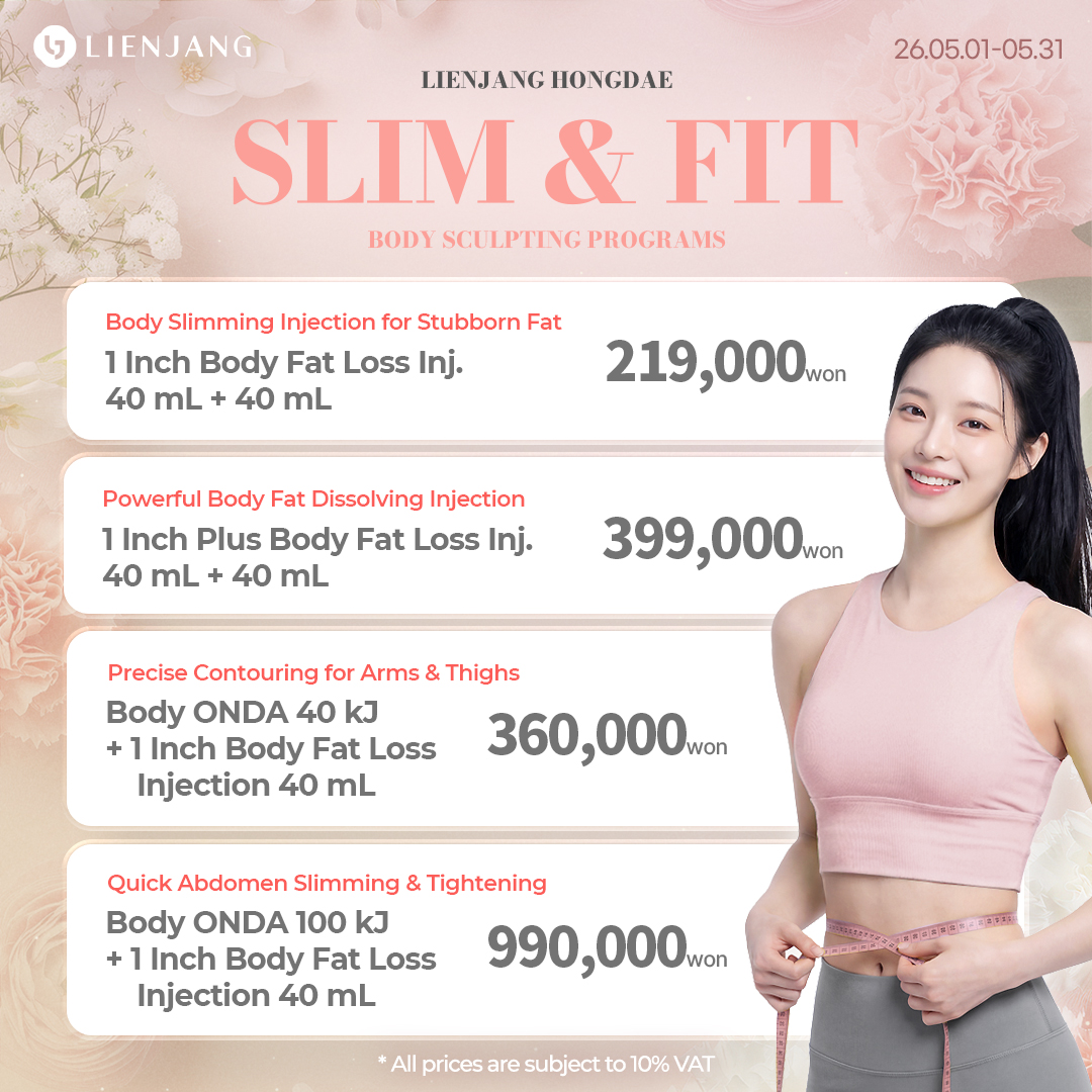 Lienjang Hongdae is known for its own special body contouring programs. Targeted fat reduction and slimming without any sagging skin is the secret skill of our Hongdae doctors!