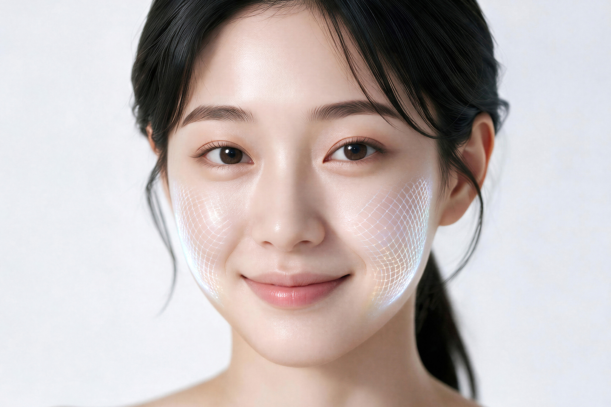 model with grid overlay representing acne scars and enlarged pores